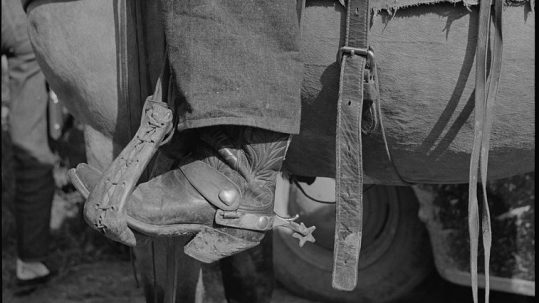 detail of a cowboy boot in stirrup