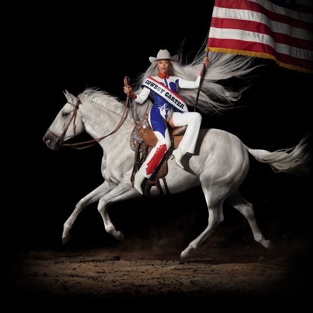 the album cover of Beyonce's Cowboy Carter. Beyonce sits on a white horse holding an American flag.